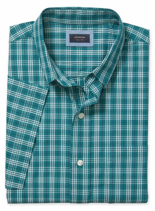 ARROW USA 1851 Men's Big and Tall Hamilton Poplins Short Sleeve Button Down Plaid Shirt, Quetzel Green, XL Tall - Image 2