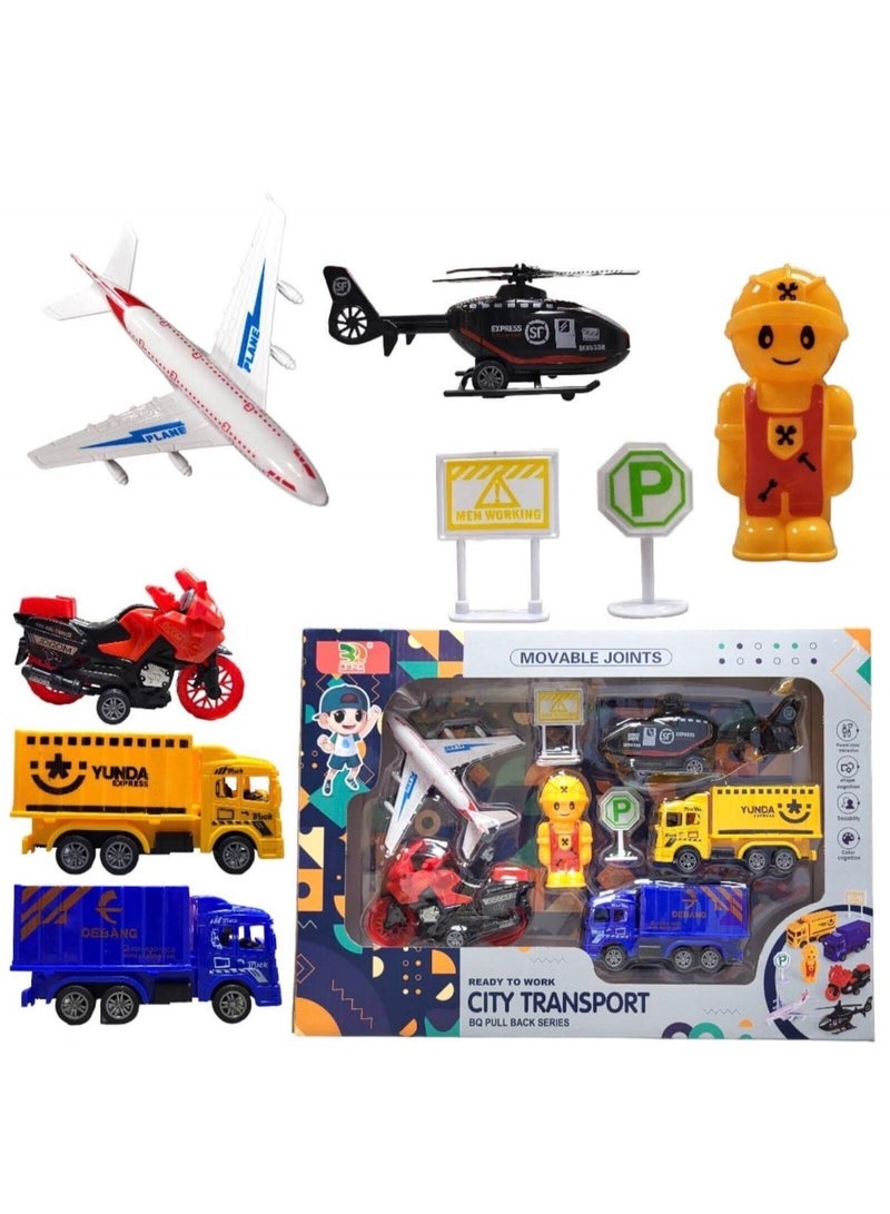 توي لاند مجموعة ألعاب مركبات النقل بالسحب للأطفال من مدينة الأطفال، تتضمن طائرة، ومروحية، وشاحنات، ودراجة. - Image 3