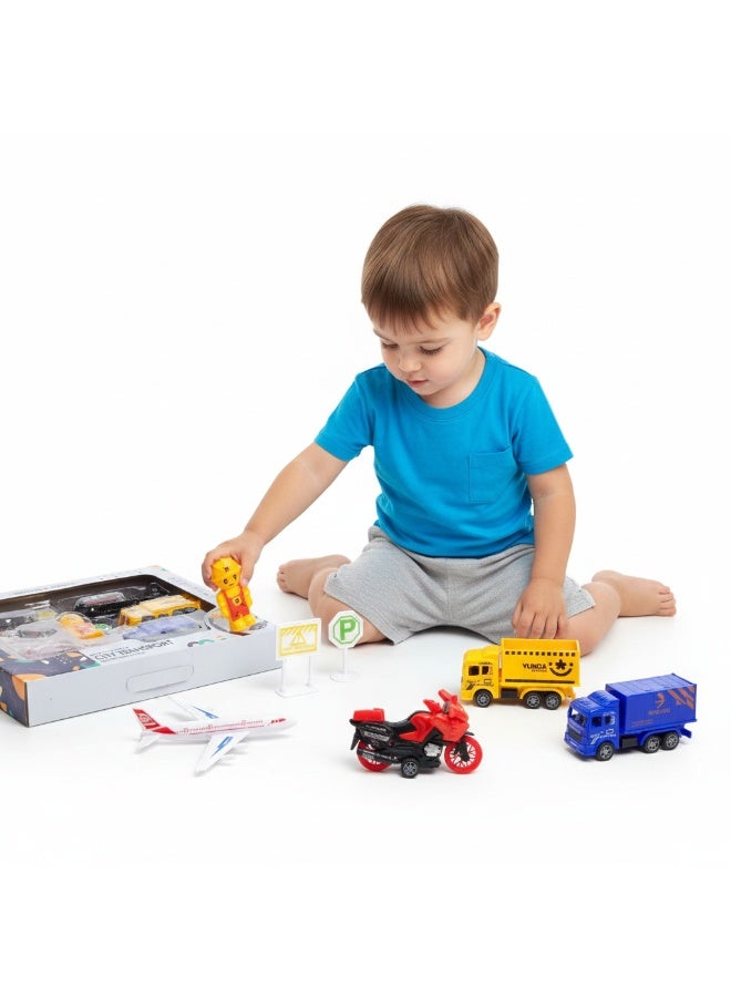 توي لاند مجموعة ألعاب مركبات النقل بالسحب للأطفال من مدينة الأطفال، تتضمن طائرة، ومروحية، وشاحنات، ودراجة. - Image 2