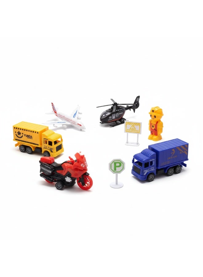 توي لاند مجموعة ألعاب مركبات النقل بالسحب للأطفال من مدينة الأطفال، تتضمن طائرة، ومروحية، وشاحنات، ودراجة. - Image 1