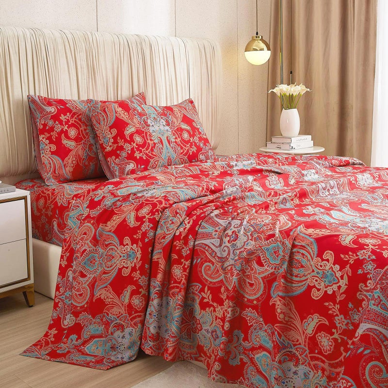 LifeTB Boho Floral California King Sheets Set Chic Vintage Red Floral Bedding Sheets 16 Deep Pocket Cooling Sheets for California King Bed Luxury Soft Microfiber Aesthetic Bohemian Flower Sheets Set - Image 2