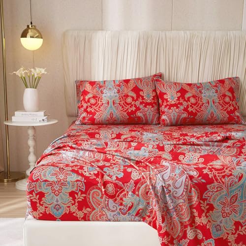 LifeTB Boho Floral California King Sheets Set Chic Vintage Red Floral Bedding Sheets 16 Deep Pocket Cooling Sheets for California King Bed Luxury Soft Microfiber Aesthetic Bohemian Flower Sheets Set - Image 3
