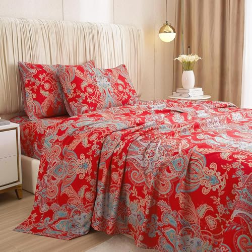 LifeTB Boho Floral California King Sheets Set Chic Vintage Red Floral Bedding Sheets 16 Deep Pocket Cooling Sheets for California King Bed Luxury Soft Microfiber Aesthetic Bohemian Flower Sheets Set - Image 1