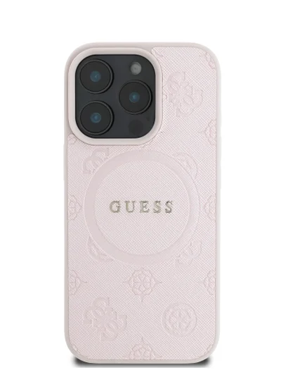 GUESS Magsafe Saffiano PU Case with Peony Hot Stamp Pattern And Classic Logo for iPhone 16 Pro / Easy Snap-On / Drop Protection / Slim Back Cover - Pink