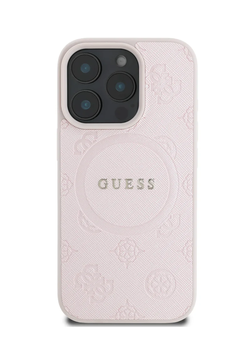 GUESS Magsafe Saffiano PU Case with Peony Hot Stamp Pattern And Classic Logo for iPhone 16 Pro / Easy Snap-On / Drop Protection / Slim Back Cover - Pink