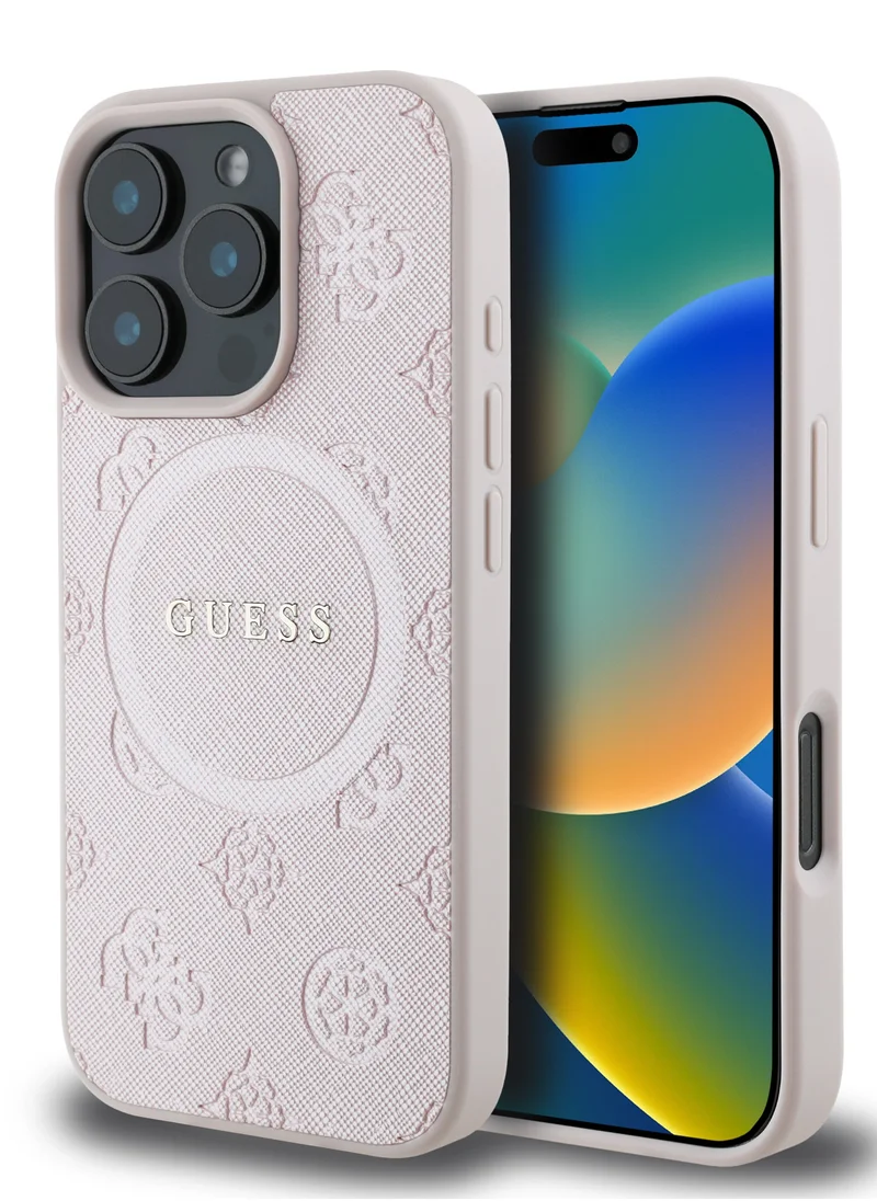GUESS Magsafe Saffiano PU Case with Peony Hot Stamp Pattern And Classic Logo for iPhone 16 Pro / Easy Snap-On / Drop Protection / Slim Back Cover - Pink