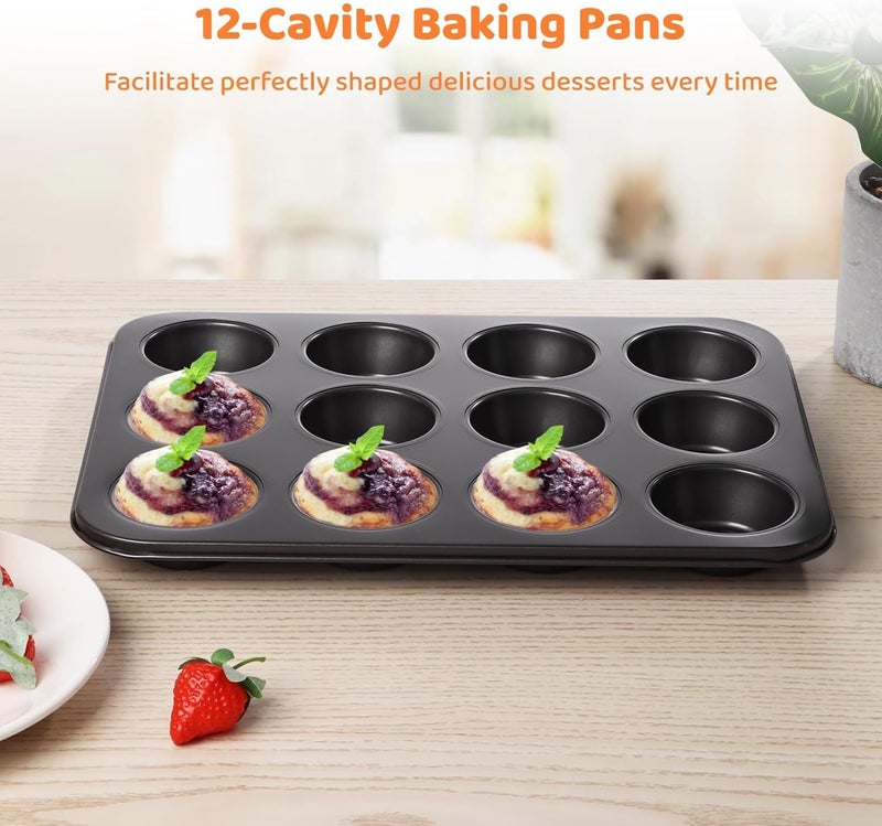 2-Pack Mini Cheesecake Pans, 12-Cavity Non-Stick Muffin Trays with Removable Base, 13.8×10.4, Carbon Steel - Image 3