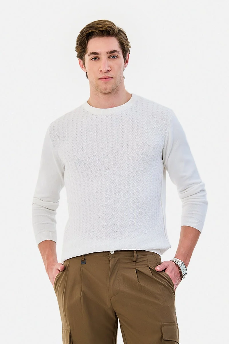 سنيتش White Textured Long Sleeve Regular Fit Sweater