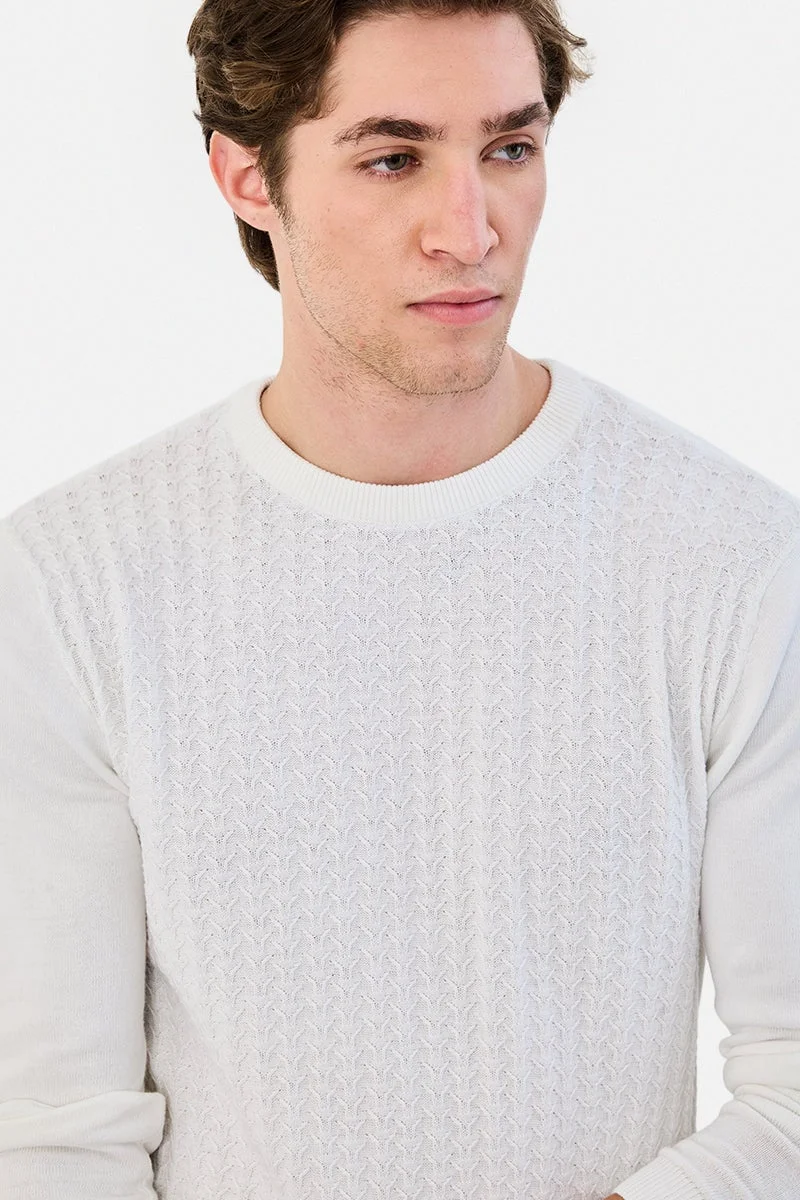 سنيتش White Textured Long Sleeve Regular Fit Sweater