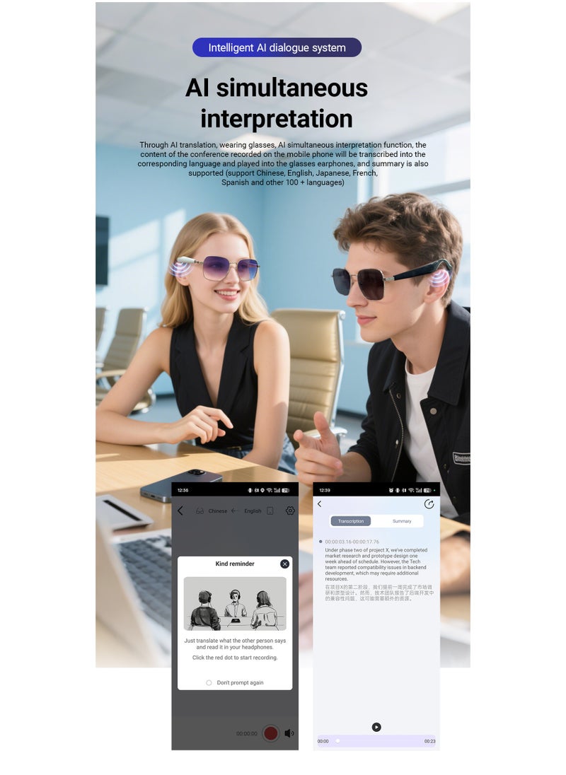 Ai Translation Bluetooth Glasses Multi-Language Real-Time Translation Glasses Listen To Music And Make Calls Smart Uv-Proof Sunglasses