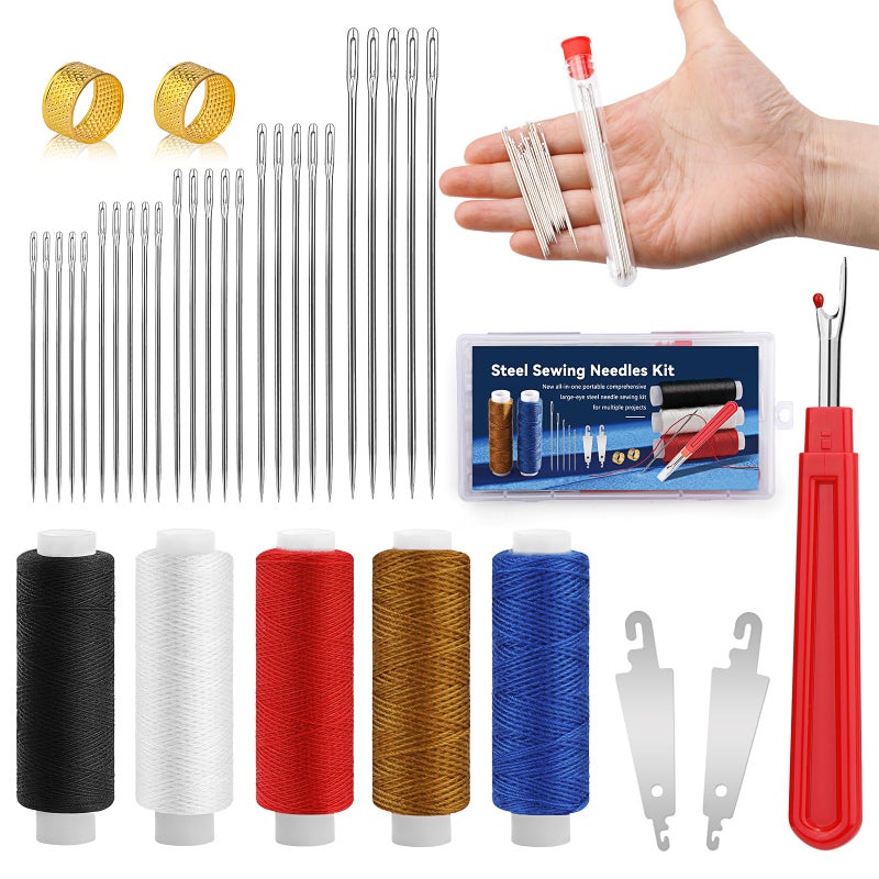SHWAKK 37 PCS Big Eye Steel Sewing Needles Kit, Steels Needle for Hand Sewing with Thimble, Threader, Thread Rippers for Beginner Traveler and Clothing Repair - Image 1