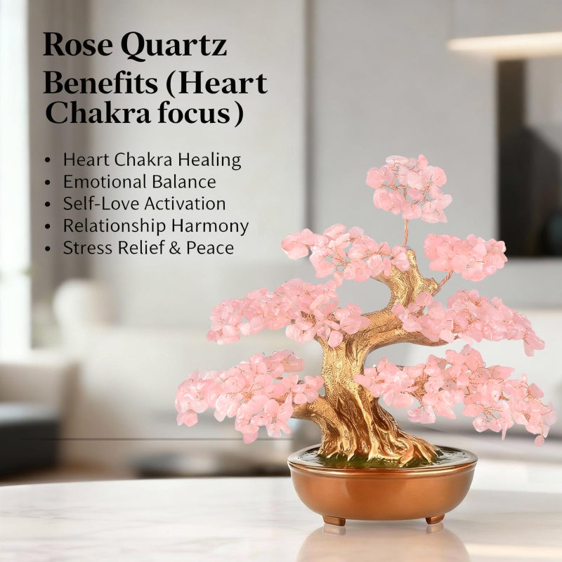 MASGEMES Rose Quartz Crystal Tree Bonsai, Handmade (360 Large Beads) Gemstone Tree of Life Gift for Women Chakra Energy for Home Decor, Office Decor,Healing Crystal Money Tree 8'' - Image 3
