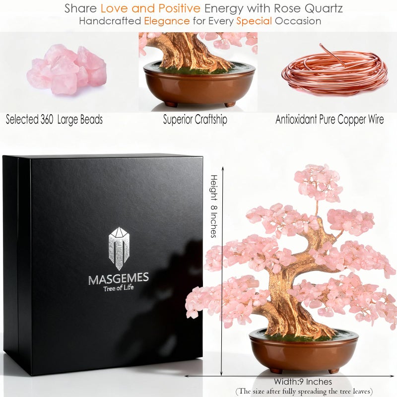 MASGEMES Rose Quartz Crystal Tree Bonsai, Handmade (360 Large Beads) Gemstone Tree of Life Gift for Women Chakra Energy for Home Decor, Office Decor,Healing Crystal Money Tree 8'' - Image 2