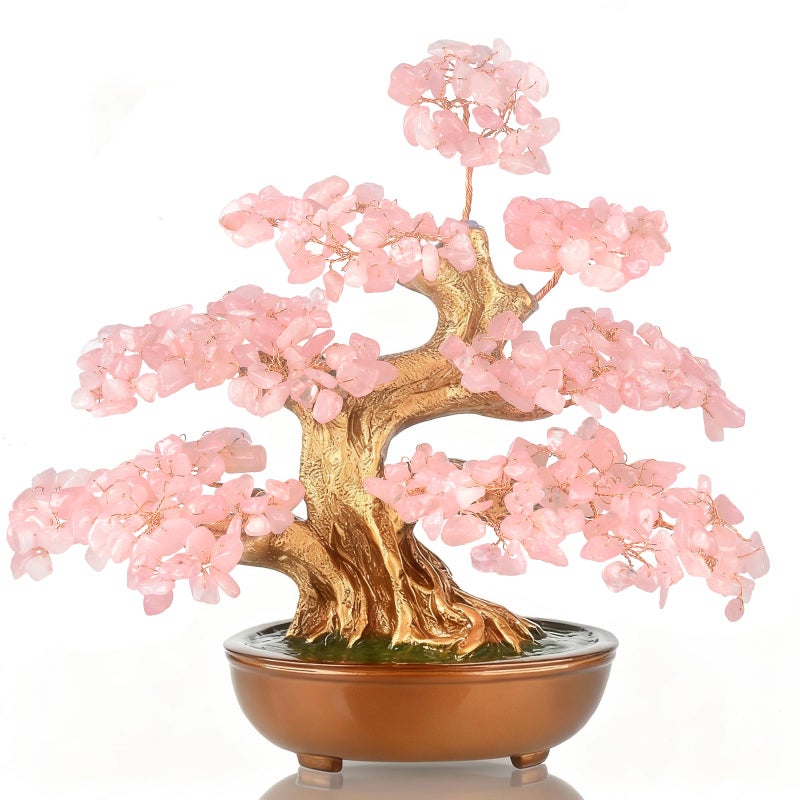 MASGEMES Rose Quartz Crystal Tree Bonsai, Handmade (360 Large Beads) Gemstone Tree of Life Gift for Women Chakra Energy for Home Decor, Office Decor,Healing Crystal Money Tree 8'' - Image 1