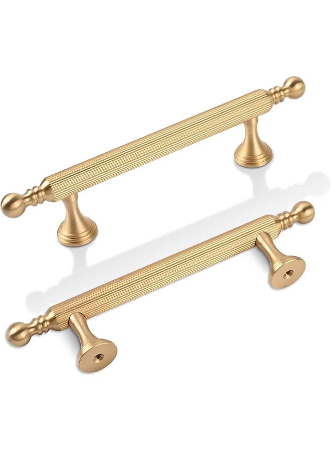 2 Pack Solid Brass Kitchen Cabinet Handles, 3-3/4 Inch Gold Dresser Drawer Pulls, Modern Furniture Door Handles for Bathroom Cabinets, Wardrobe, and Closet Doors