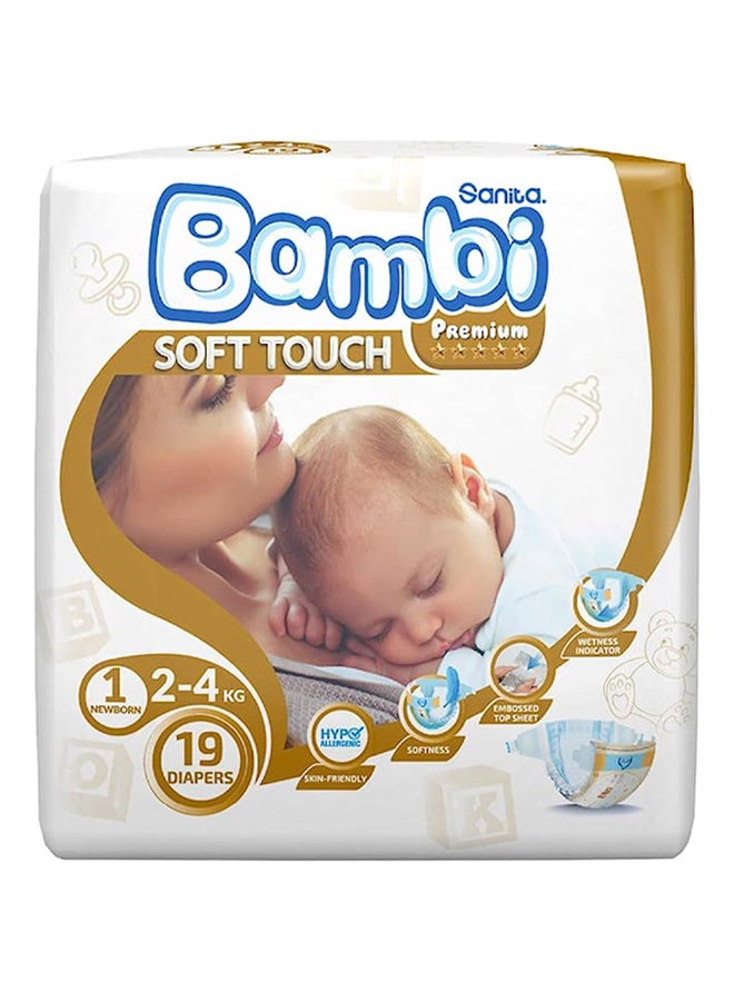 Sanita Bambi Baby Diapers, Size 1, 2 - 4 Kg, 19 Count Soft Touch Premium Newborn, Regular Pack, Thinner And More Absorbent