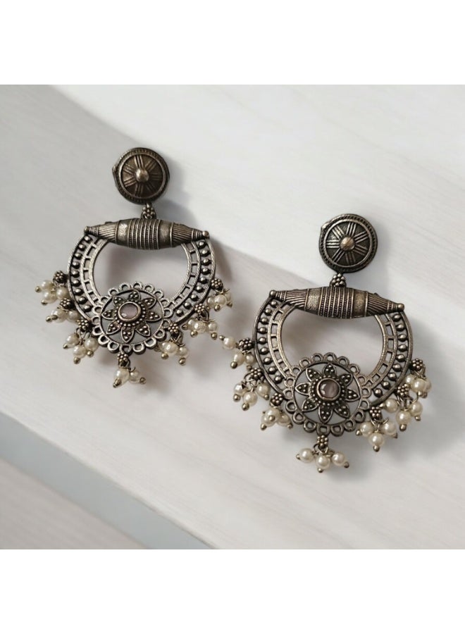 Pretty Precious Oxidised Silver Antique Earrings for Women & Girls | Boho Ethnic Tribal Dangler Earrings | Lightweight Festive & Daily Wear Jewelry - Image 4