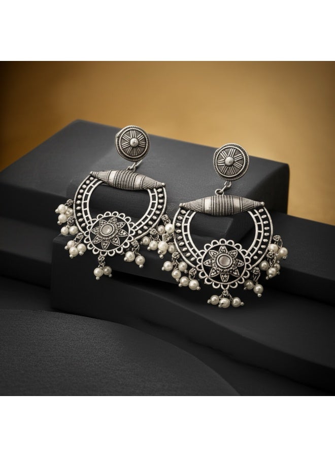 Pretty Precious Oxidised Silver Antique Earrings for Women & Girls | Boho Ethnic Tribal Dangler Earrings | Lightweight Festive & Daily Wear Jewelry - Image 2