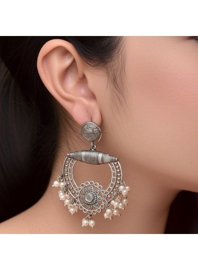 Pretty Precious Oxidised Silver Antique Earrings for Women & Girls | Boho Ethnic Tribal Dangler Earrings | Lightweight Festive & Daily Wear Jewelry - Image 1