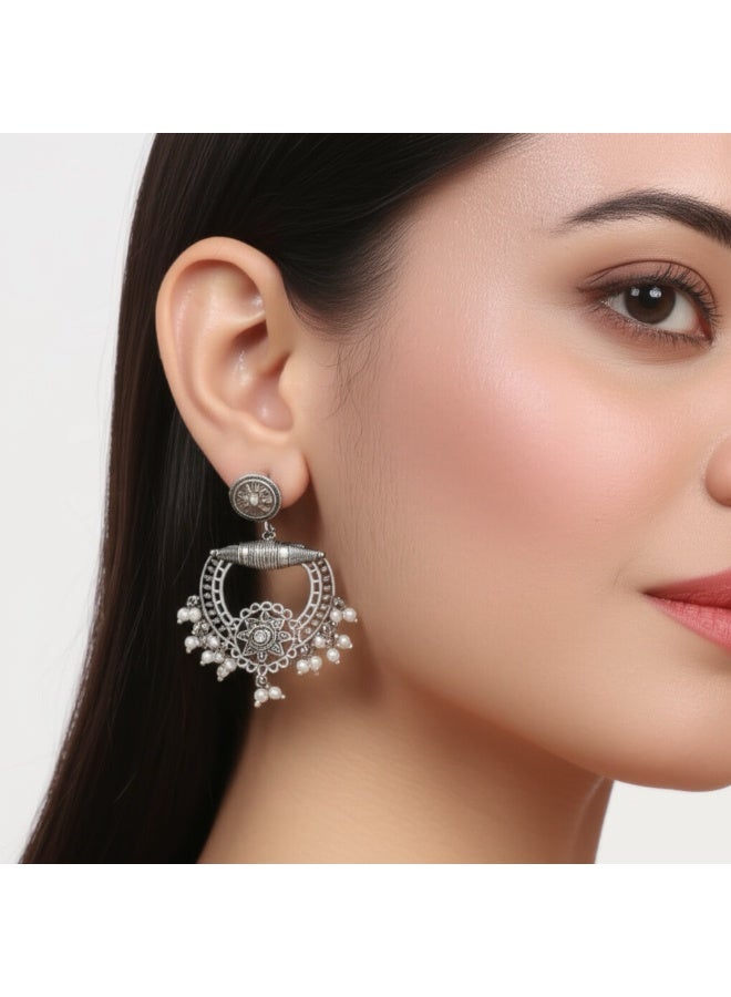 Pretty Precious Oxidised Silver Antique Earrings for Women & Girls | Boho Ethnic Tribal Dangler Earrings | Lightweight Festive & Daily Wear Jewelry - Image 5