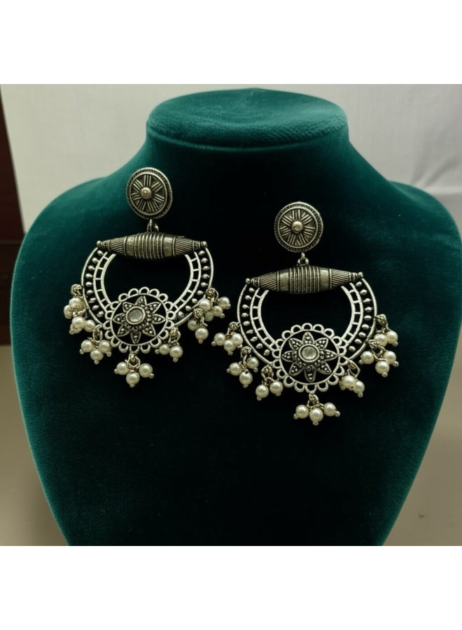 Pretty Precious Oxidised Silver Antique Earrings for Women & Girls | Boho Ethnic Tribal Dangler Earrings | Lightweight Festive & Daily Wear Jewelry - Image 3