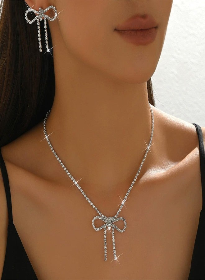 Dcfywl731 Bow Jewelry Set for Women Sparkly Rhinestone Bowknot Pendant Necklace Earrings Set Prom Party Christmas 2025 Jewelry Gifts - Image 2
