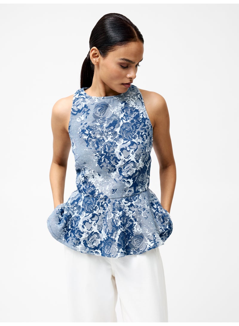 French Connection Charlotte Denim Jacquard Peplum Top - Image 1