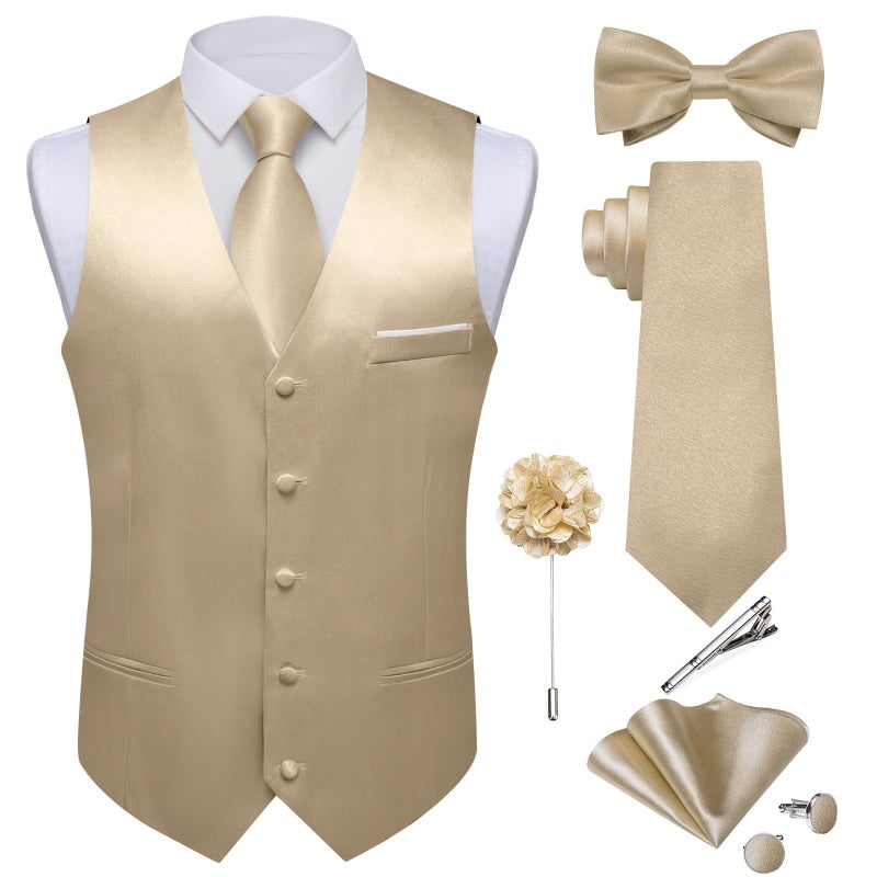 DiBanGu Mens Satin Suit Vest and Tie Set 8PCS Solid Waistcoat and Bowtie with Lapel Pin for Tuxedo Dress Vest Wedding Formal Champagne 3XLarge
