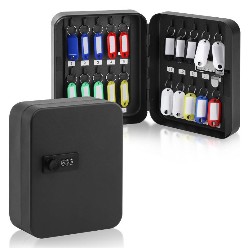 KYODOLED 20 Key Storage Lock Box with Code, Key Cabinet Organizer Wall Mount with Combination Lock, Hooks & Labels for Home, Office & Rental Properties, 7.87 x 6.3 x 3.14 in, Black - Image 1