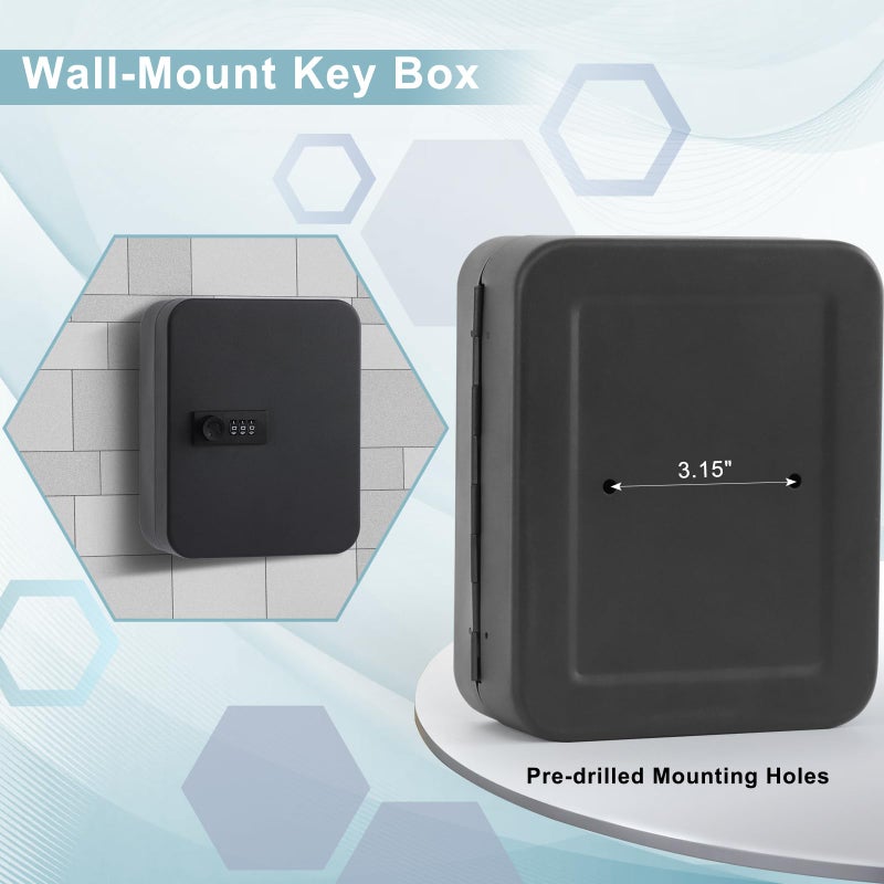 KYODOLED 20 Key Storage Lock Box with Code, Key Cabinet Organizer Wall Mount with Combination Lock, Hooks & Labels for Home, Office & Rental Properties, 7.87 x 6.3 x 3.14 in, Black - Image 5