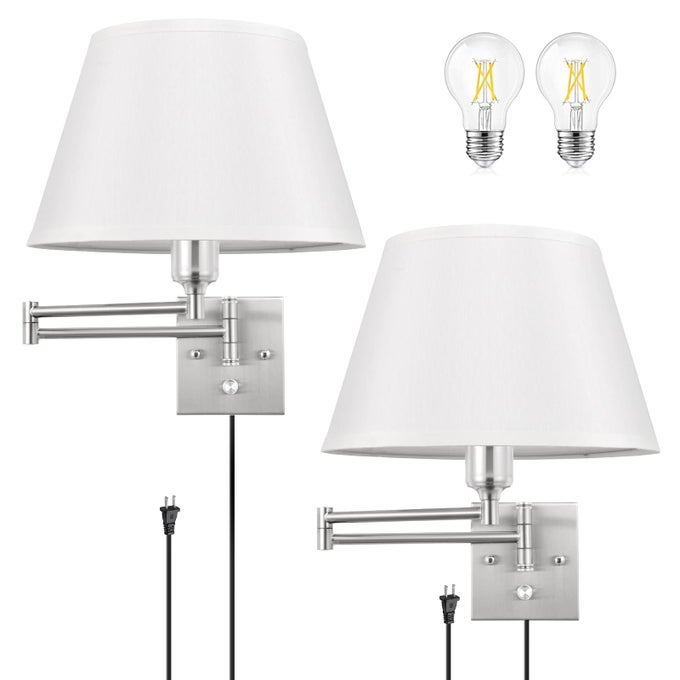 DIMMABLE WALL SCONCE PLUG IN BRUSHED NICKEL WALL SCONCES SET OF TWO SWING ARM WALL LIGHTS WITH PLUG IN CORD AND ONOFF DIMMER ROTARY SWITCH 118 LARGE WHITE FABRIC SHADE2 PACK 2 BULBS