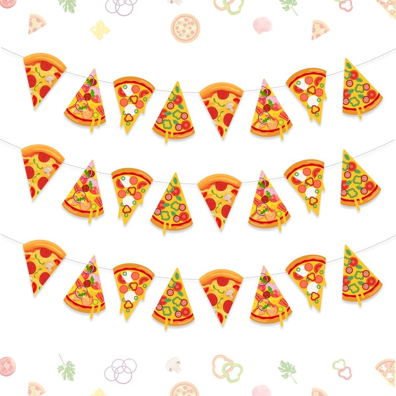 Fangleland 3 Pieces Pizza Banner, Pizza Theme Pennant Bunting Garland for Baby Shower, Birthday Bachelorette Party Supplies, Fast Food Theme Decorations for Pizza Party Time - Image 1
