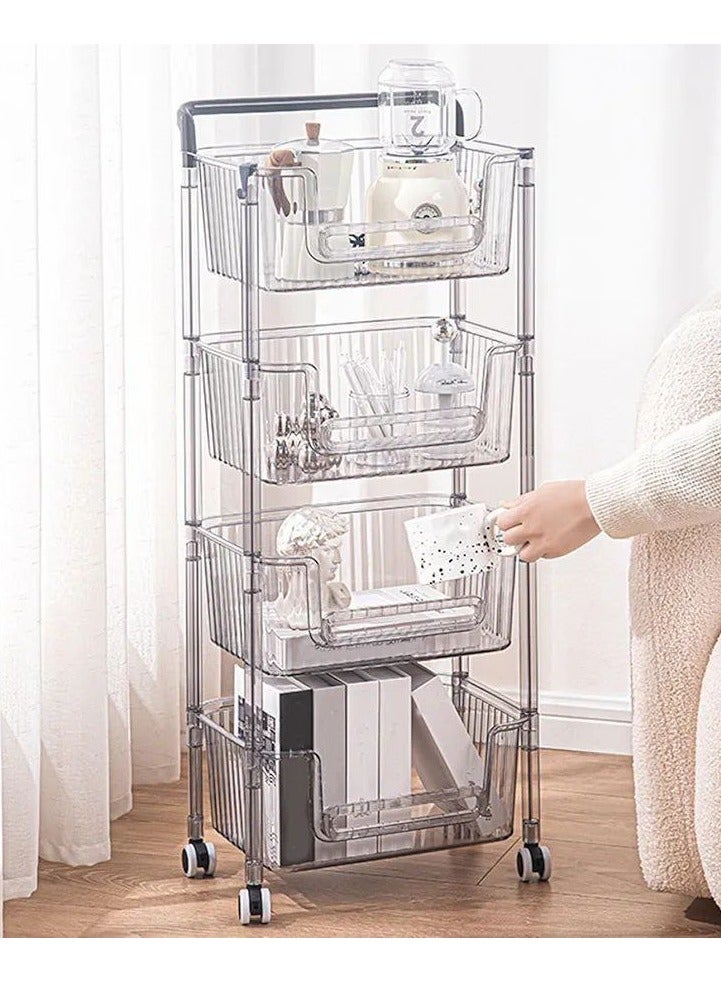 حامل تخزين أكريليك مضلع بأربعة أرفف مزود بعجلات لسهولة النقل. متعدد الاستخدامات:  للفواكه والخضراوات لتخزين البرطمانات والزيوت لتخزين المناشف والشامبو لتخزين الكتب والألعاب لتخزين المطهرات ومستلزمات التنظيف - Image 2