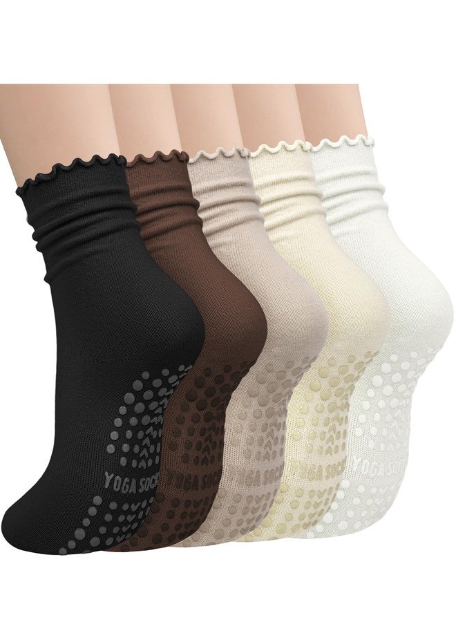Darller 5 Pairs Pilates Socks with Grips for Women, Non Slip Cotton Ruffle Yoga Socks for Barre Workout Hospital, Multicolor 5 Pairs - Image 1