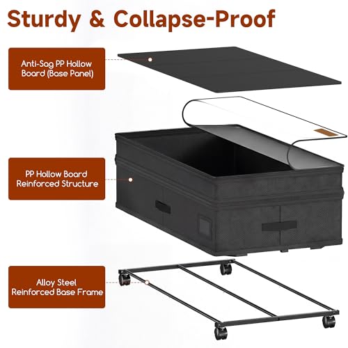 Amoowis Under Bed Storage with Wheels, Adjustable Height Underbed Storage Containers, 2 Pack 65L Bins, Heavy-Duty 600D Fabric & Steel Frame for Clothes, Shoes, Bedding - Image 3