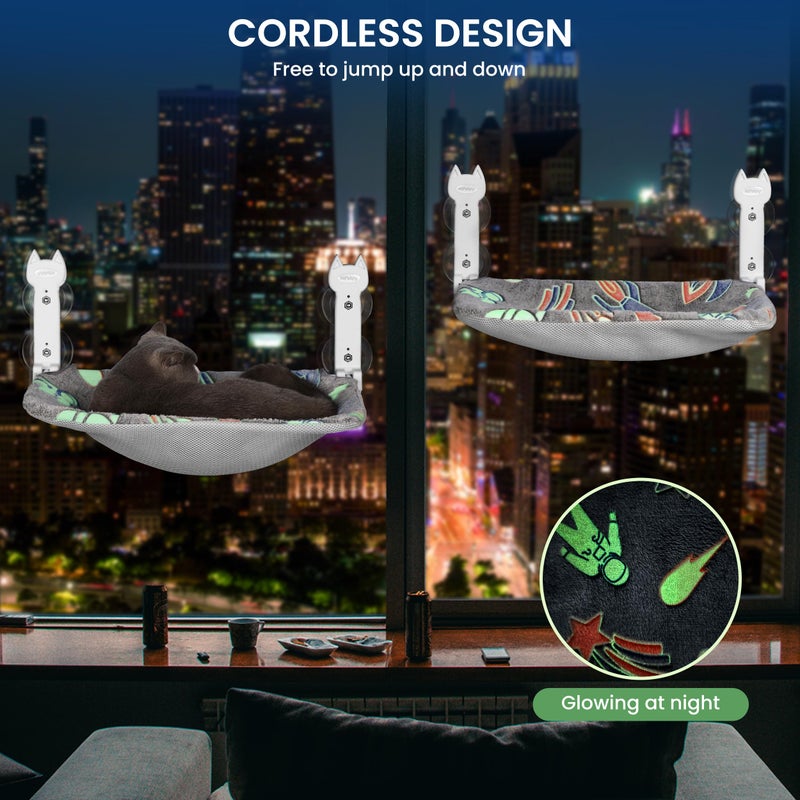 HiPetpy Cat Window Perch, Glow in The Dark Foldable Cat Hammock with Sunken Design & Removable Soft Cover, Breathable Cordless Window Bed for Resting Indoor Kitten (Shallow Perch, 1 Pack - M) - Image 4