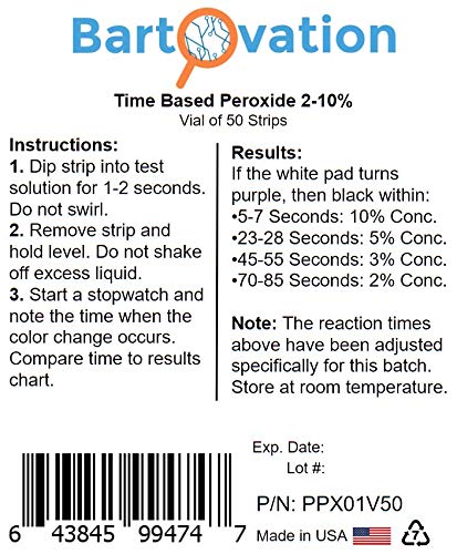 Bartovation Very High Level Hydrogen Peroxide H2O2 Test Strips, 2-10%, Time Based Test [Vial of 50 Strips] - Image 4