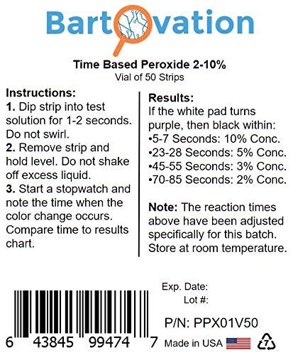 Bartovation Very High Level Hydrogen Peroxide H2O2 Test Strips, 2-10%, Time Based Test [Vial of 50 Strips] - Image 3