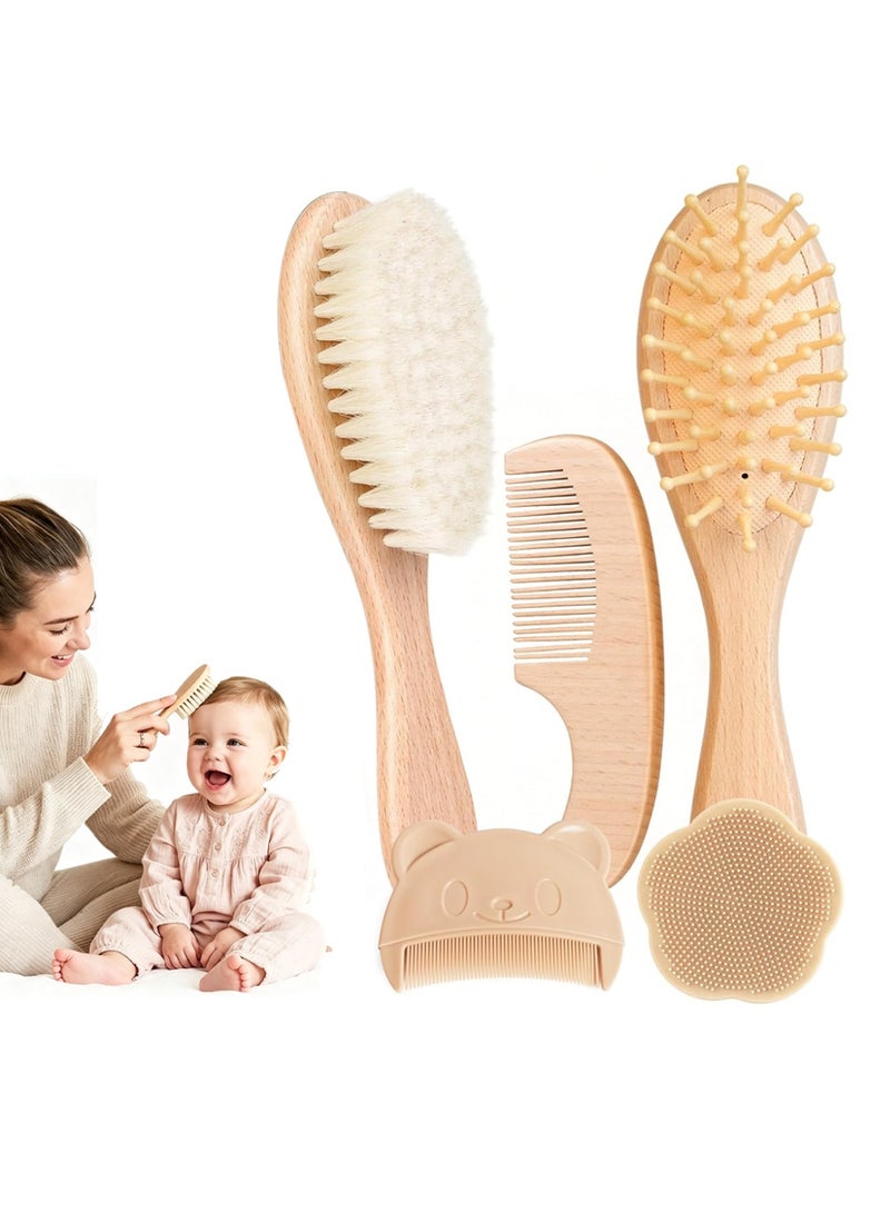 olayks 5 Piece Baby Brush and Comb Set, Wooden Baby Brush with Natural Ultra Soft Goat Hair, Baby Hair Brush for Newborn, Baby Brush Set for Boy Girl (Brown) - Image 1