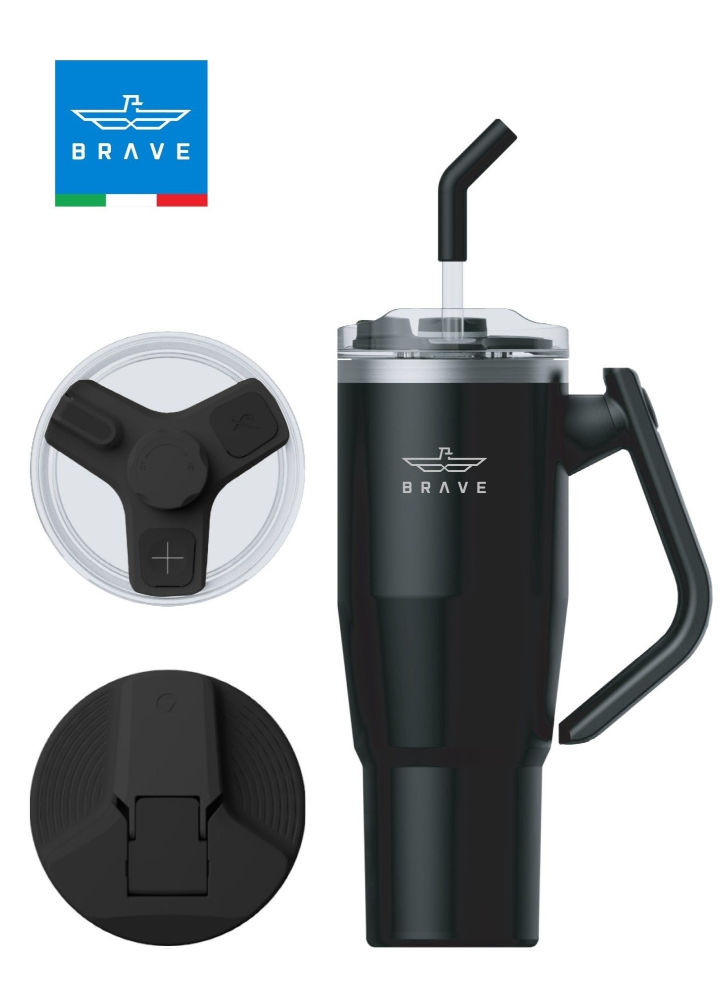 Brave 40oz (1200ml) Stainless Steel Insulated Tumbler with 180° Rotating Handle and Lid with Straw, 100% Leak Proof Travel Coffee Mug, Double Wall Vacuum Insulated Tumbler, Keeps Drinks Cold for 24 Hours or Hot for 12 Hours, BPA Free, Durable, Reusable, Cup Holder Friendly, Large Coffee Mug and Water Bottle for Hot and Cold Drinks, Perfect for Office, Travel, Gym (Black) 