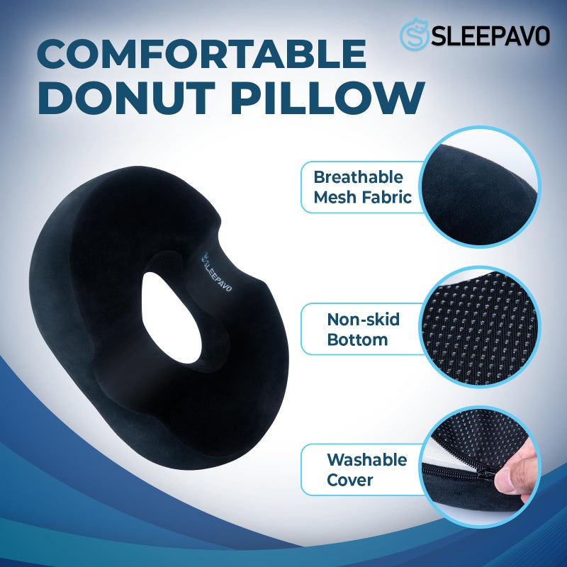 Sleepavo Butt Donut Pillow for Tailbone Pain Relief Cushion Medium - Hemorrhoid Pillows - Sitting Butt Pillow for Office Chair, Travel, Car, Coccyx, Sciatica, Postpartum Sitting Donut Seat Cushion - Image 3