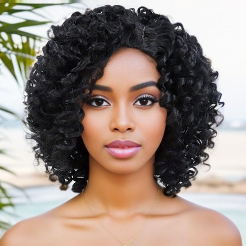 GNIMEGIL Black Women Wigs Afro Curly Short Hair with Side Bangs African American Wigs Lady Synthetic Wig Short Hairstyles Outfits Cosplay Party Halloween Costume
