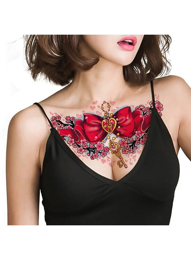 TAFLY Beautiful Fake 3D Decal Temporary Tattoo for Women Bow Tie Key Design Tattoo Sticker Body Chest Waist Art Tattoos 3 Sheets - Image 1