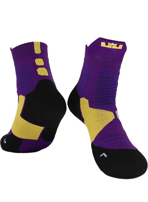 Basketball Sock for Men Boys, Cushioned Athletic Breathable Mid Socks, Outdoor Athletic Running Professional Thick Socks Purple/Yellow/Black