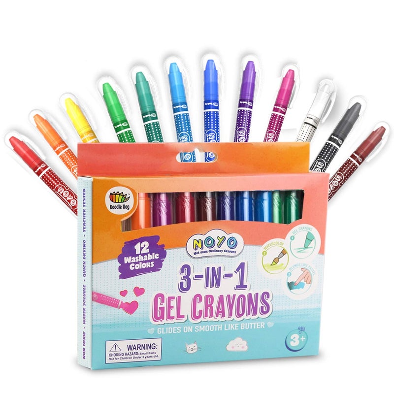DOODLE HOG Washable Crayons 12 Colors Kids and Toddler Crayons Watercolor Non Toxic 3 in 1 for Kids Ages 48