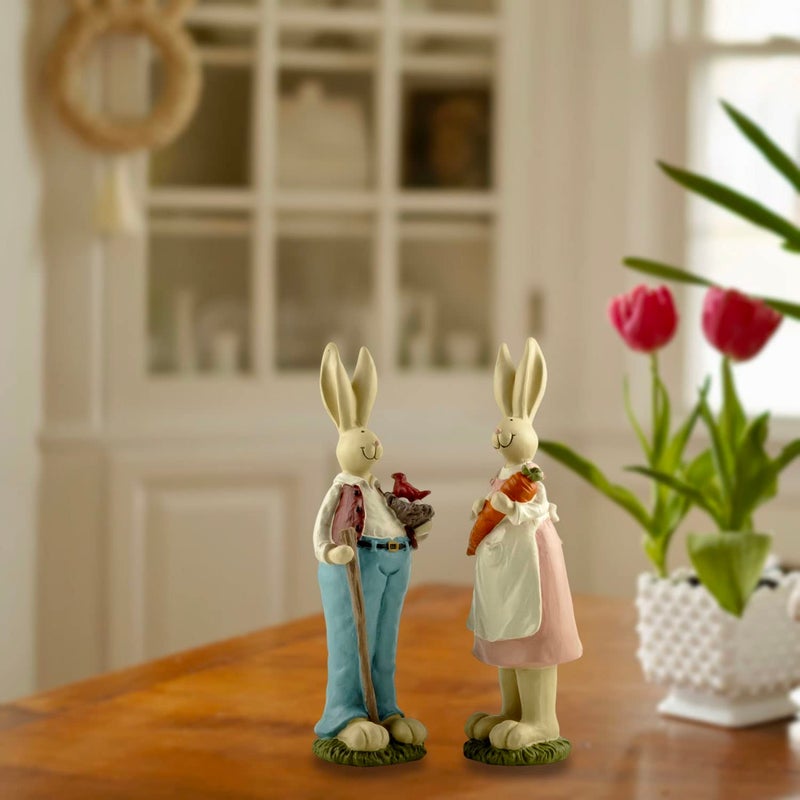 ENNAS Easter Bunny Decorations Couple Rabbit Holding Bird Chutes and Carrot, Hand-Painted Crafts Statue, Spring Easter Bunny Figurine-9''H - Image 3