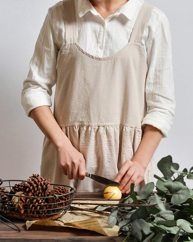 NEWGEM Cotton Linen Cross Back Apron for Women with Pockets for Cooking Painting Beige without Waist Ties - Image 4