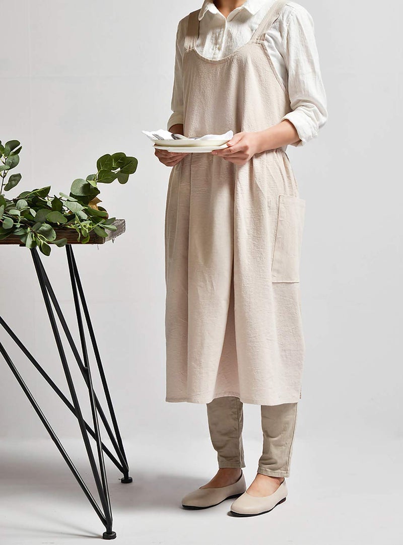 NEWGEM Cotton Linen Cross Back Apron for Women with Pockets for Cooking Painting Beige without Waist Ties - Image 2