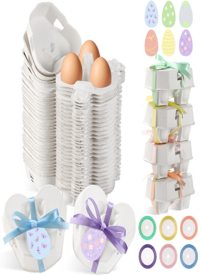 Fullhawl 24 Pcs Egg Cartons White Heart Shaped Egg Holder Natural Pulp Paper for Chicken Eggs with Macaron Color Label Ribbon for Easter Gift, Arts and Crafts Reusable (Cute) - Image 1