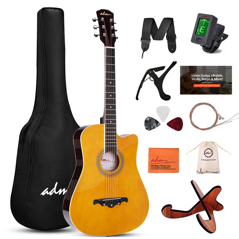 ADM 38" Inch Acoustic Guitar Bundle for Beginners Adults with Online Lesson, Cutaway Wood Acustica Guitarra Starter Set Package with Gig Bag, Strap, Steel Strings, Picks, Capos, Stand, Yellow - Image 1